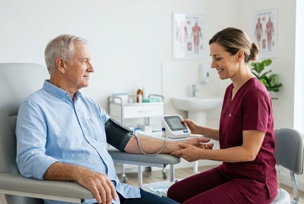Man attending a routine men’s health screening and blood pressure check at a private clinic in Glasgow.