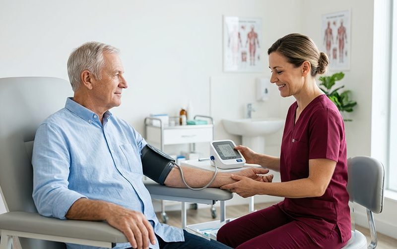 Man attending a routine men’s health screening and blood pressure check at a private clinic in Glasgow.