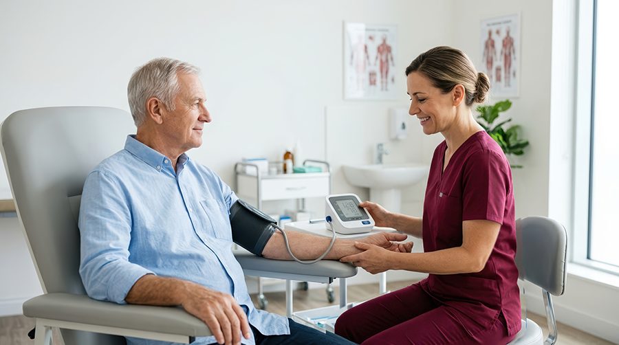 Man attending a routine men’s health screening and blood pressure check at a private clinic in Glasgow.